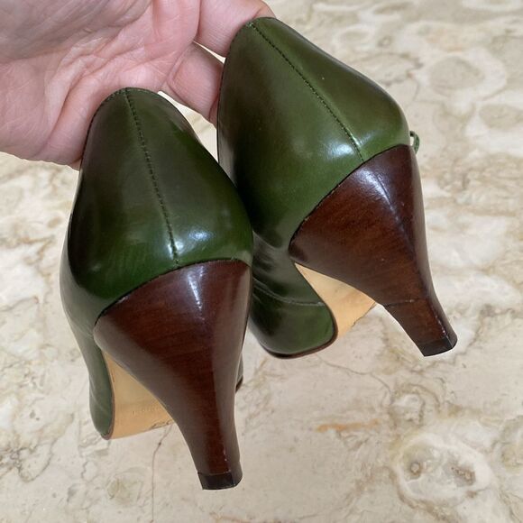 John Fluevog Teapots Darjeeling Leather Pumps Heels Olive Green - Picture 10 of 15
